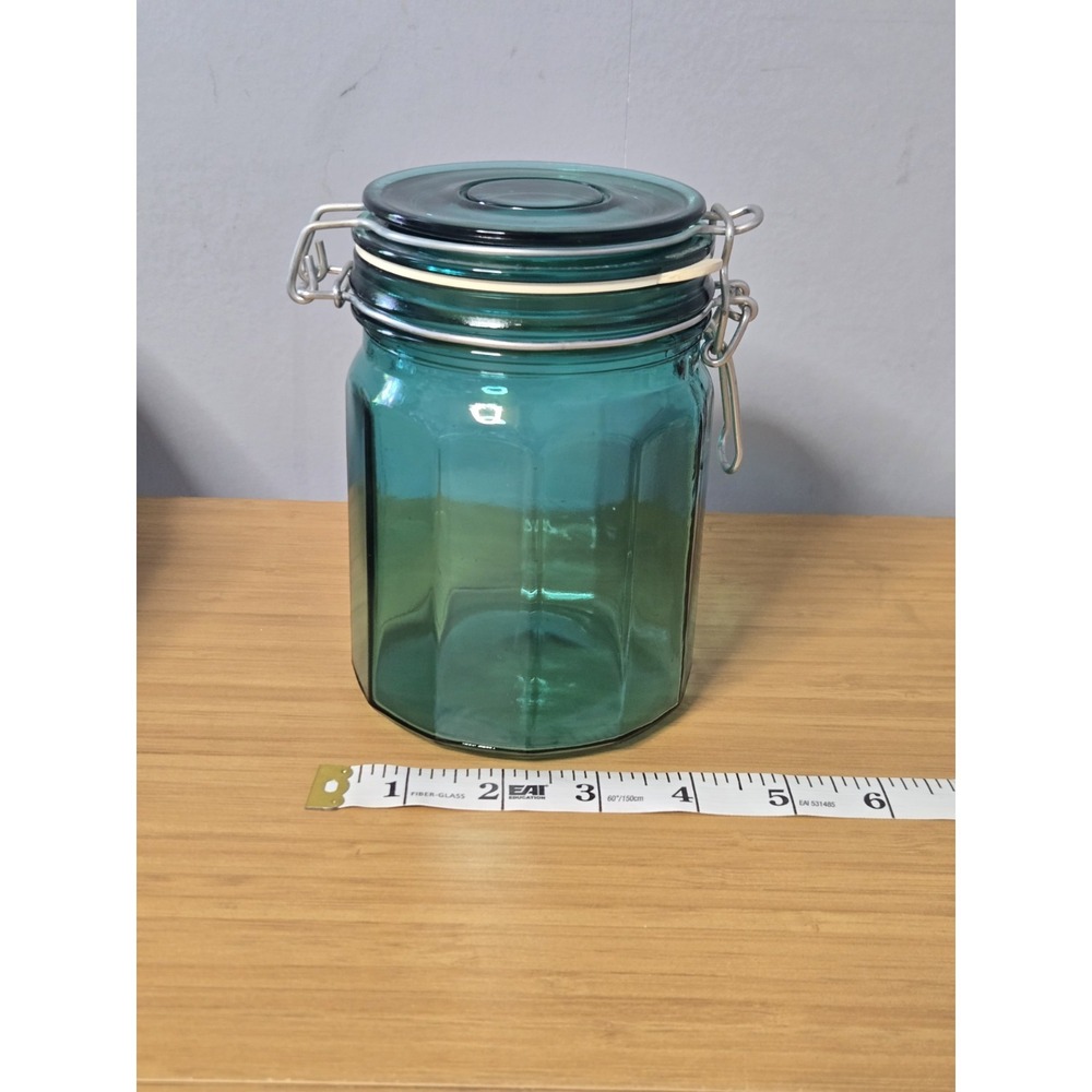 Vintage Emerald Green Glass Canister Jar With Wire Bale Hinge GVC